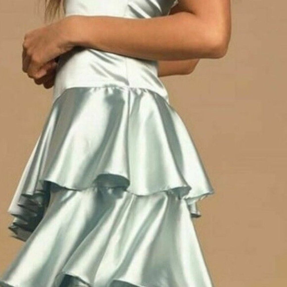 Lulus Mint Blue Satin Tiered Asymmetrical Midi Dress - Picture 4 of 14